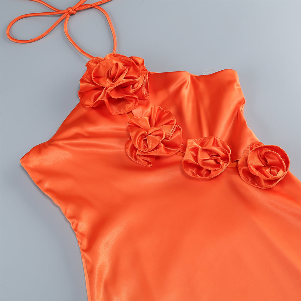 Orange Halter Sleeveless Floral Maxi Dress