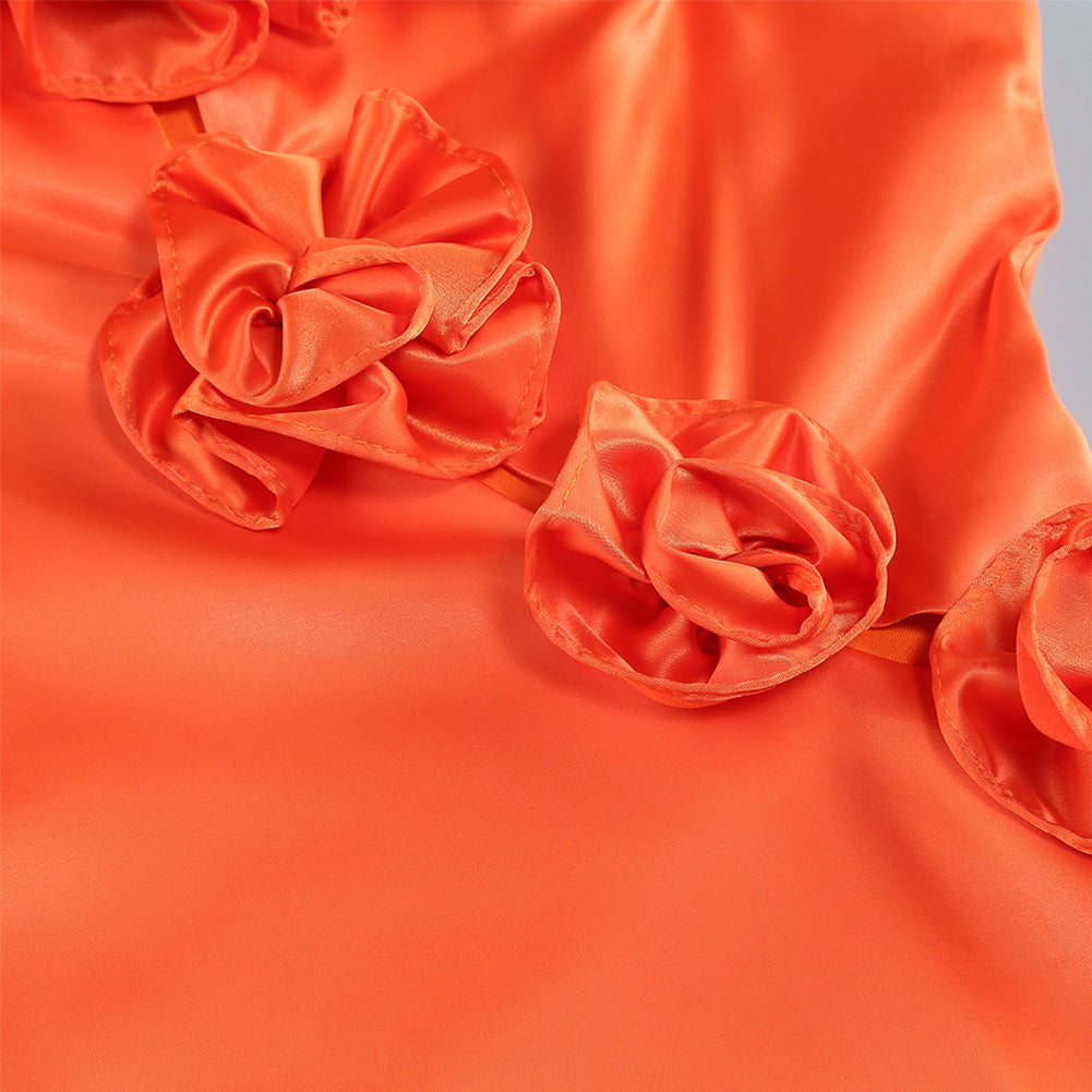 Orange Halter Sleeveless Floral Maxi Dress