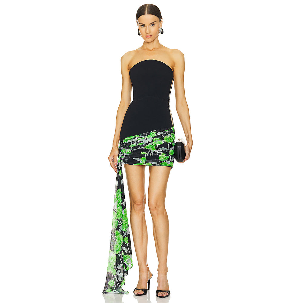 Black Green Rose Print Sleeveless Mini Dress