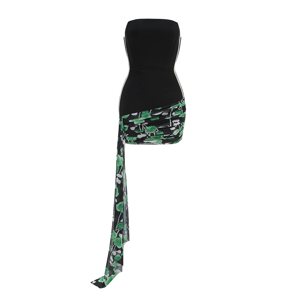 Black Green Rose Print Sleeveless Mini Dress