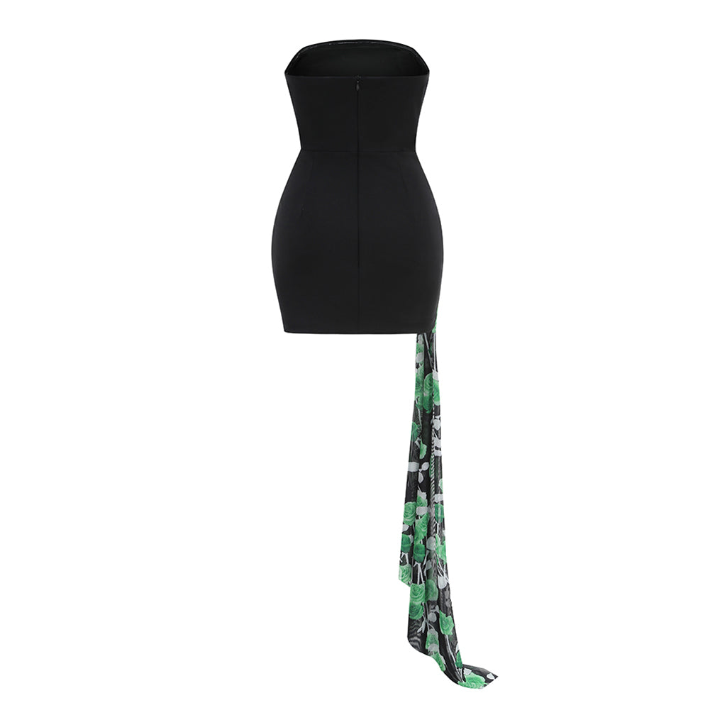 Black Green Rose Print Sleeveless Mini Dress