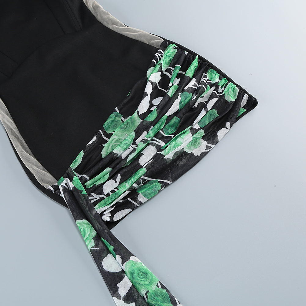 Black Green Rose Print Sleeveless Mini Dress