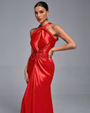Halterneck Satin Braided Draped Evening Gown