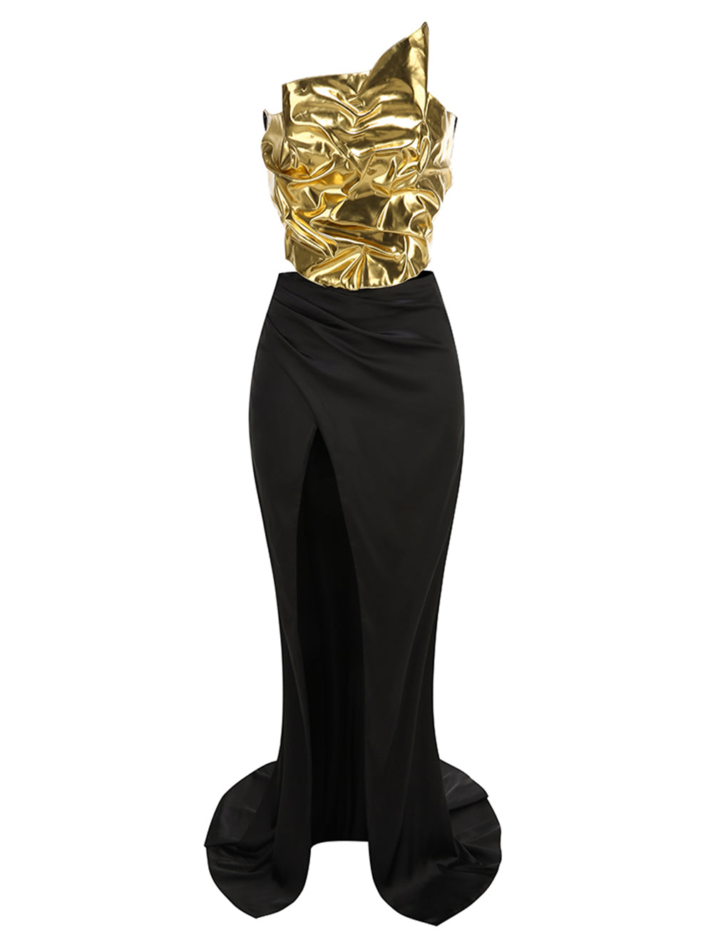 Black Gold Strapless Long Corset Dress High Split