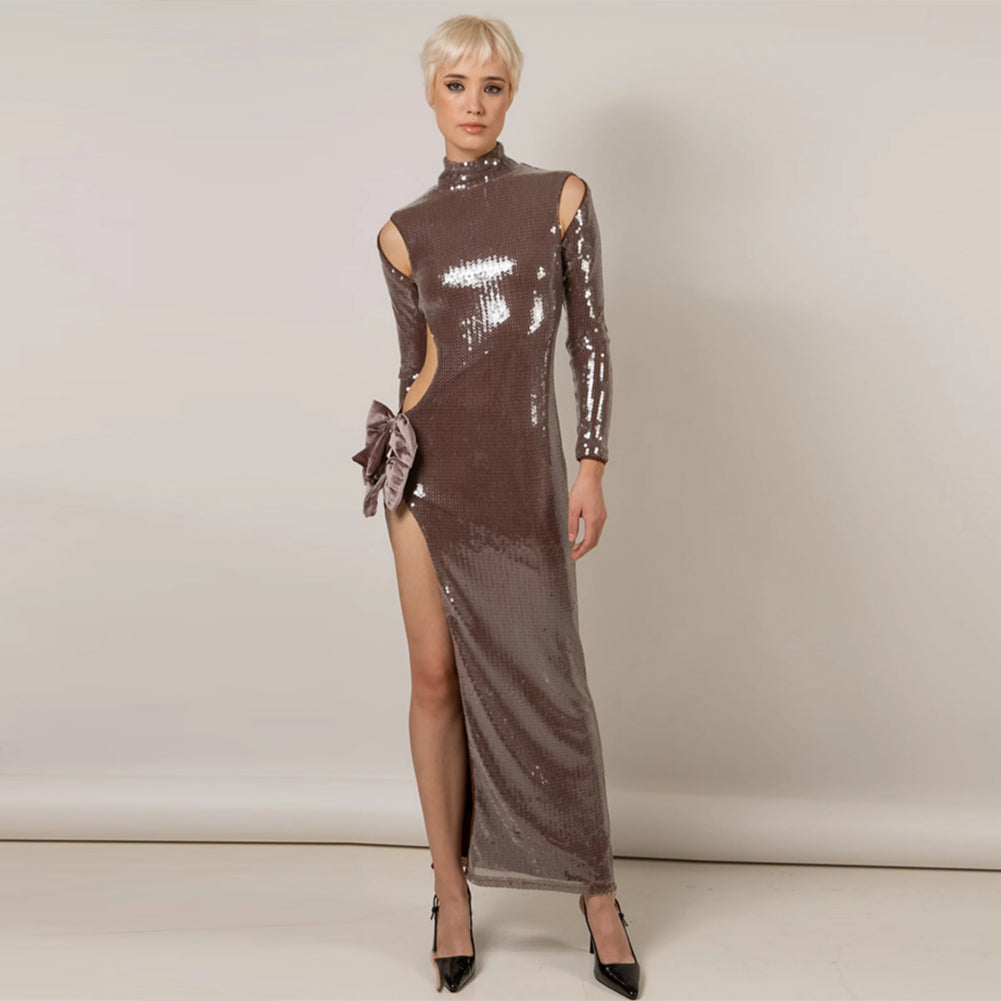 Light Brown Bow Detail Sequins Maxi Dress