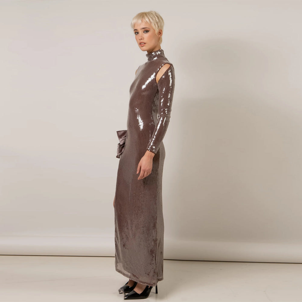 Light Brown Bow Detail Sequins Maxi Dress