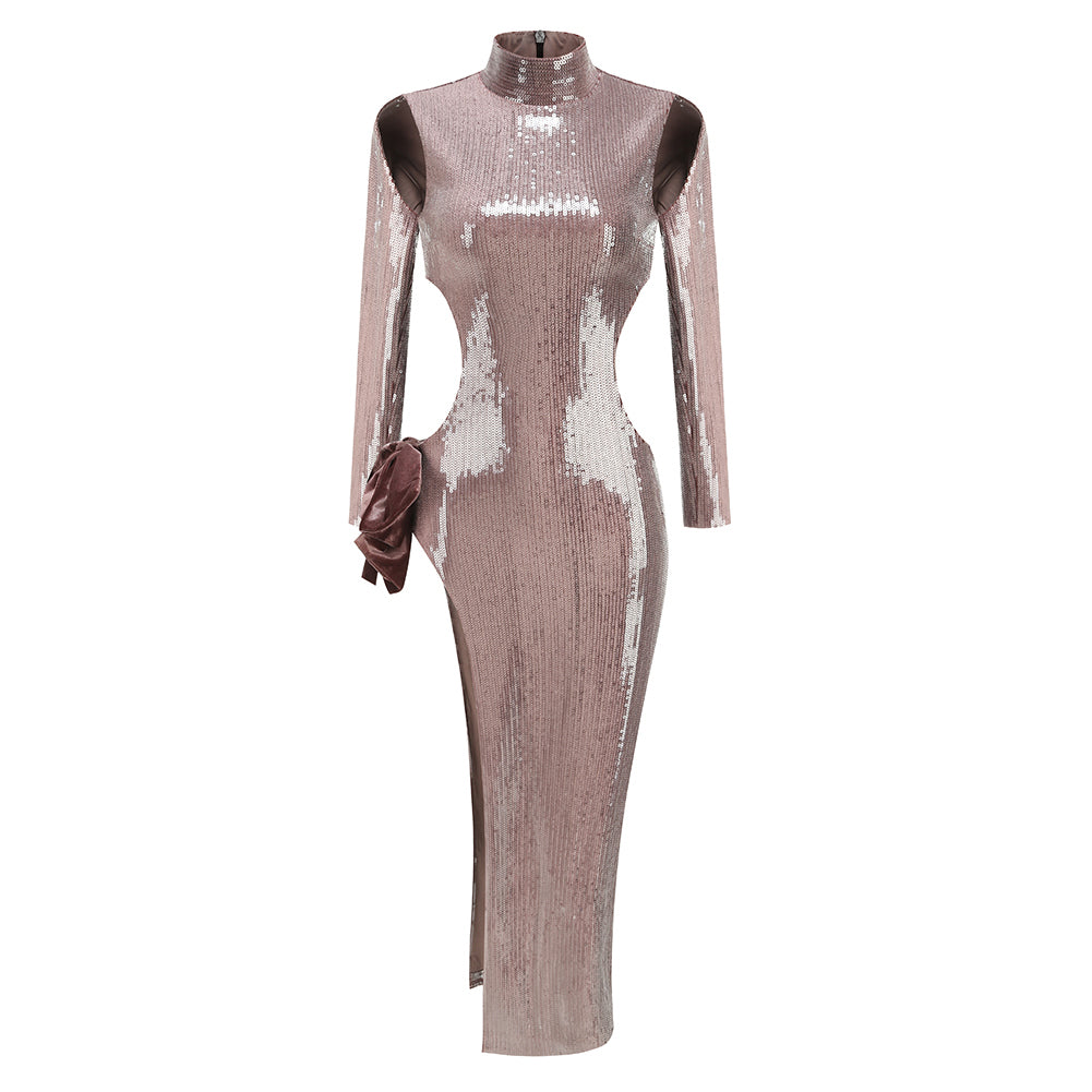 High Neck Long Sleeve Carved Maxi Dress KLYF1270
