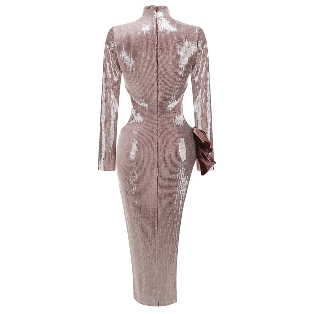 High Neck Long Sleeve Carved Maxi Dress KLYF1270