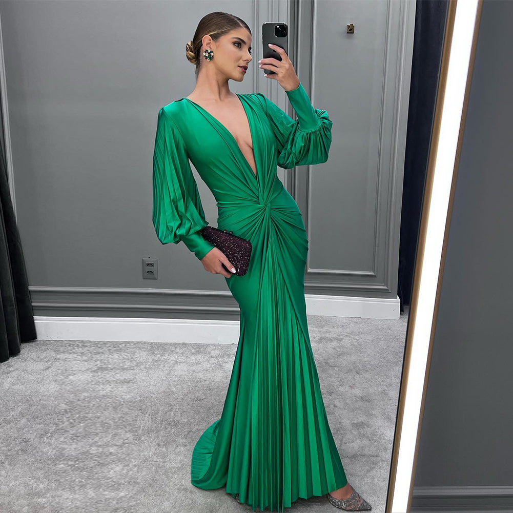 Green Bouffant Sleeve Low Cut Pleated Dress