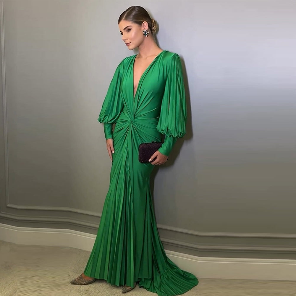 Green Bouffant Sleeve Low Cut Pleated Dress