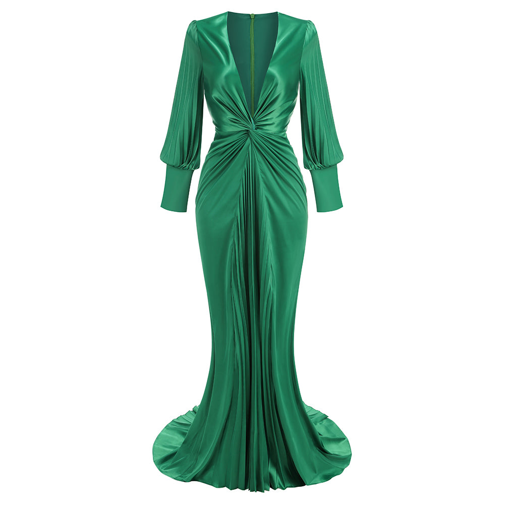 Green Bouffant Sleeve Low Cut Pleated Dress