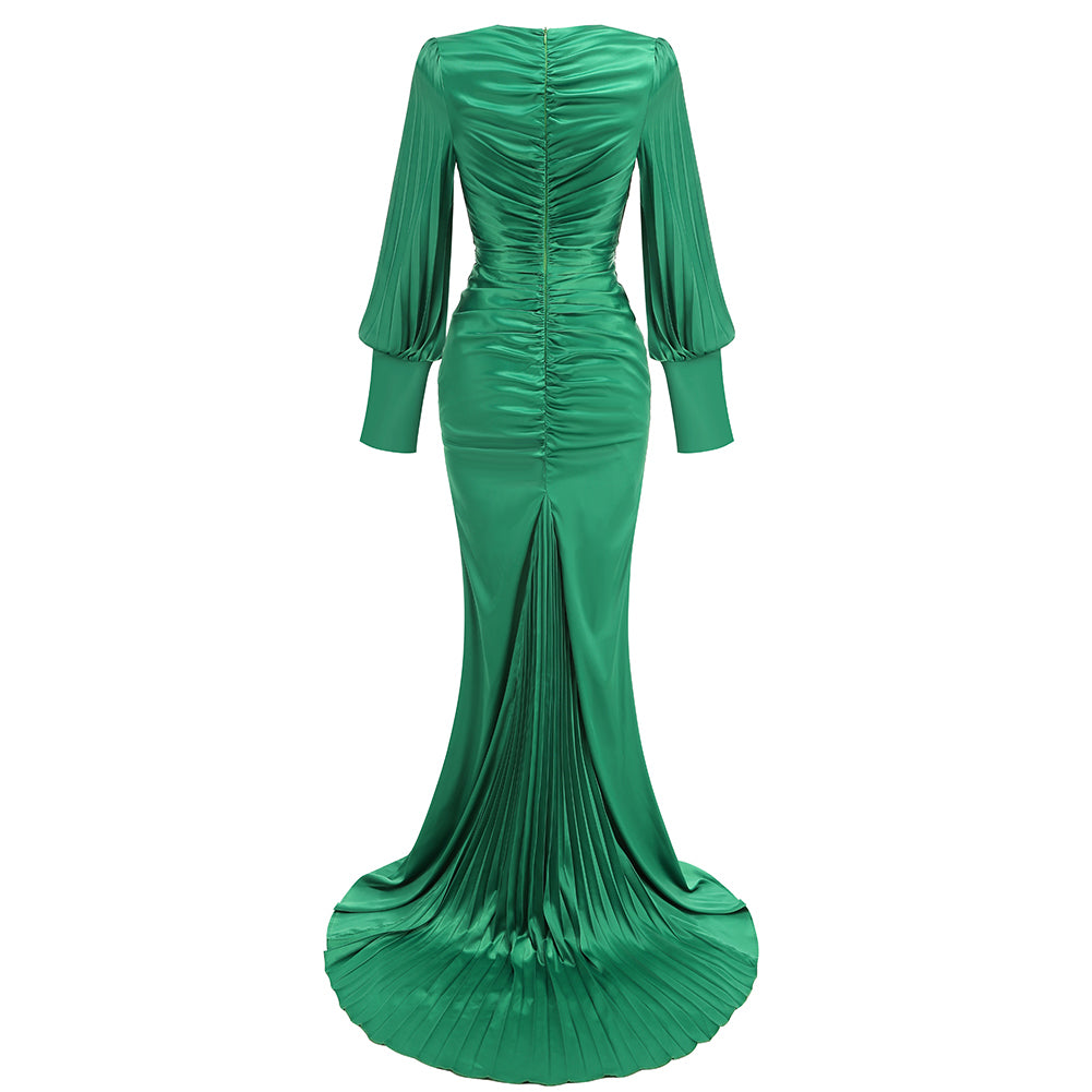 Green Bouffant Sleeve Low Cut Pleated Dress