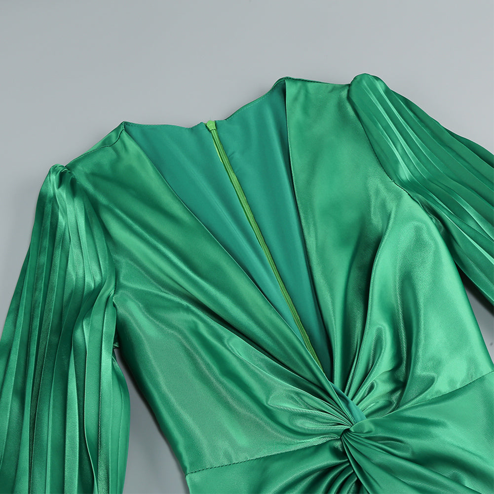 Green Bouffant Sleeve Low Cut Pleated Dress