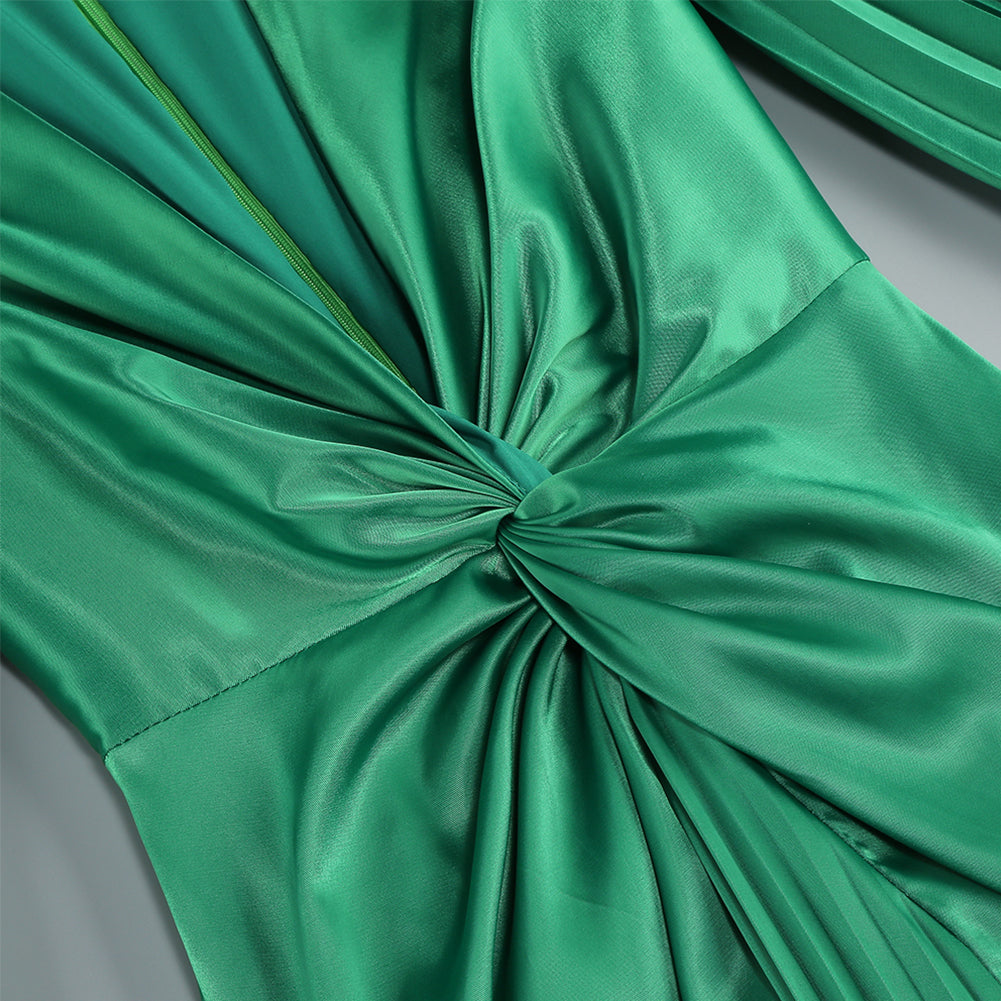 Green Bouffant Sleeve Low Cut Pleated Dress