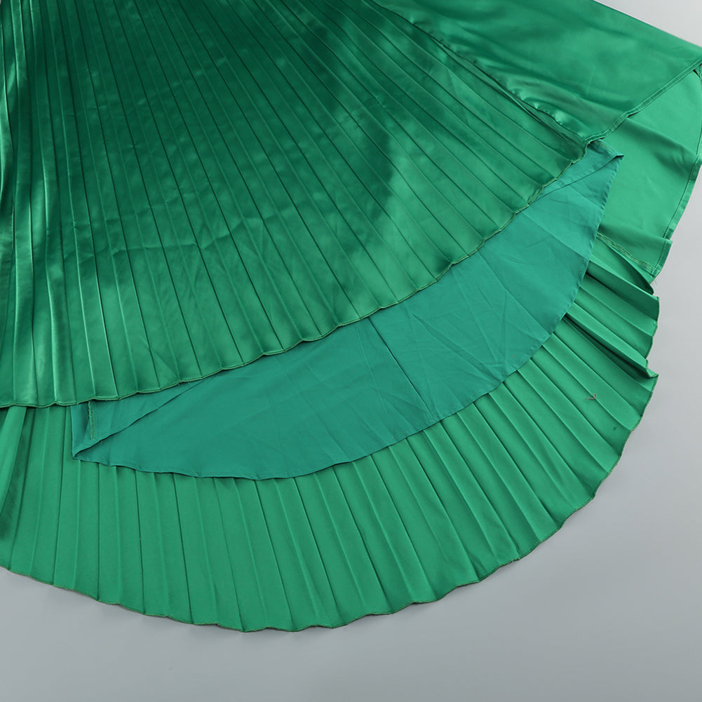 Green Bouffant Sleeve Low Cut Pleated Dress
