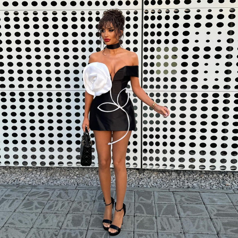 Off Shoulder White Rose Mini Dress
