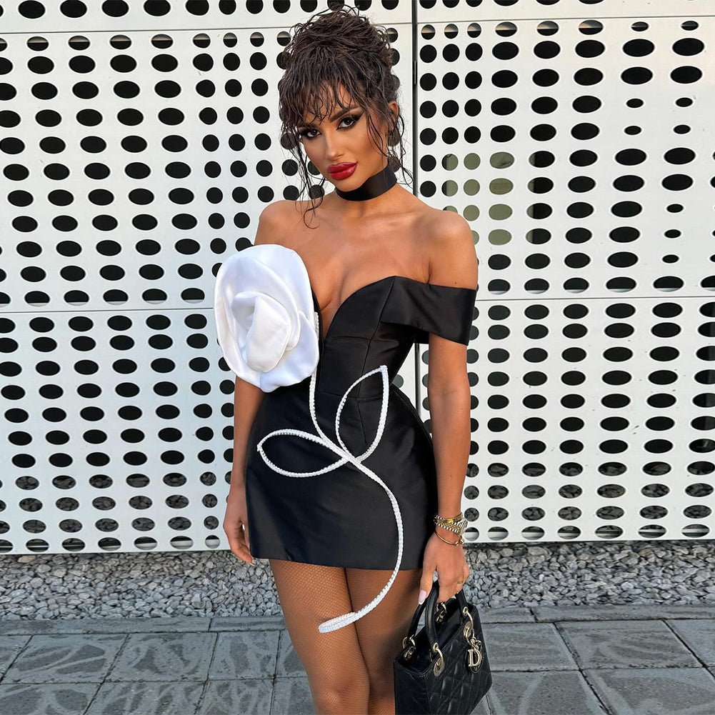 Off Shoulder White Rose Mini Dress