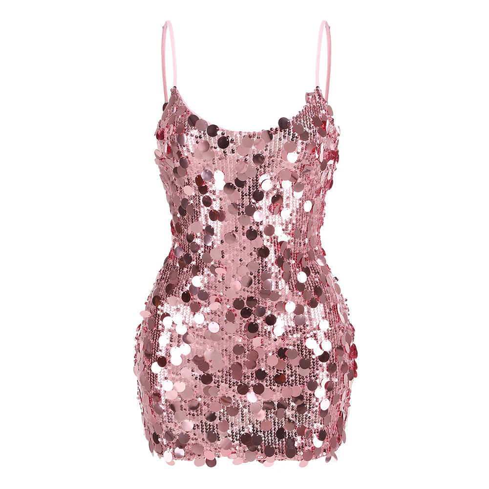 Strappy Sleeveless Big Sequin Mini Dress KLYF1301
