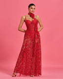 Rosette Neckline Detail Lace Maxi Dress