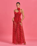 Rosette Neckline Detail Lace Maxi Dress