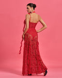 Rosette Neckline Detail Lace Maxi Dress