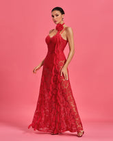 Rosette Neckline Detail Lace Maxi Dress