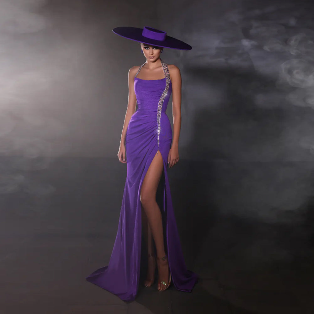 Purple Halter Ruched High Slit Dress