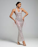 Halter Silver Sequins Mesh Backless Maxi Dress