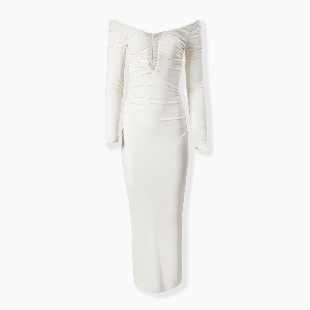 Off Shoulder Long Sleeve Figure Flattering Midi Dress KLYF1363