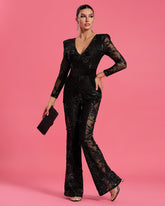 Lace Floral Bead-Embellished V-neck Jumpsuit