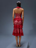 Red Lace Ruffled Sexy Midi Dress