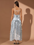 Halter Ruffled Sequin Backless Maxi Dress