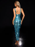 V Neck Ocean Blue Sequin Dress