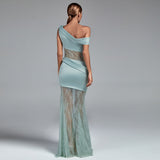 Asymmetric Buckled Lace and Satin Maxi Dress