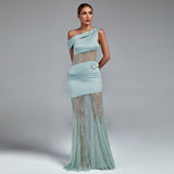 Asymmetric Buckled Lace and Satin Maxi Dress