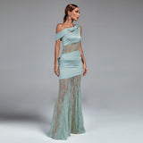 Asymmetric Buckled Lace and Satin Maxi Dress