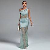 Asymmetric Buckled Lace and Satin Maxi Dress
