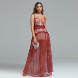 Strappy Sequins Mesh&Lace Maxi Dress