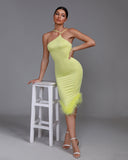 Asymmetric Neckline Feather Trim Midi Dress