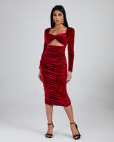 Shoulder Pad Velvet Ruched Midi Dress