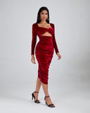 Shoulder Pad Velvet Ruched Midi Dress