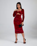 Shoulder Pad Velvet Ruched Midi Dress