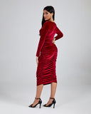 Shoulder Pad Velvet Ruched Midi Dress