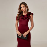 Asymmetrical Neck Ruffle Trim Prom Dress