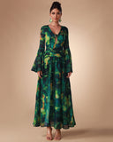Bell Sleeve Printed Chiffon Maxi Dress