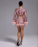 Sequinned Cutout Feather-Trim Mini Dress