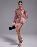 Sequinned Cutout Feather-Trim Mini Dress