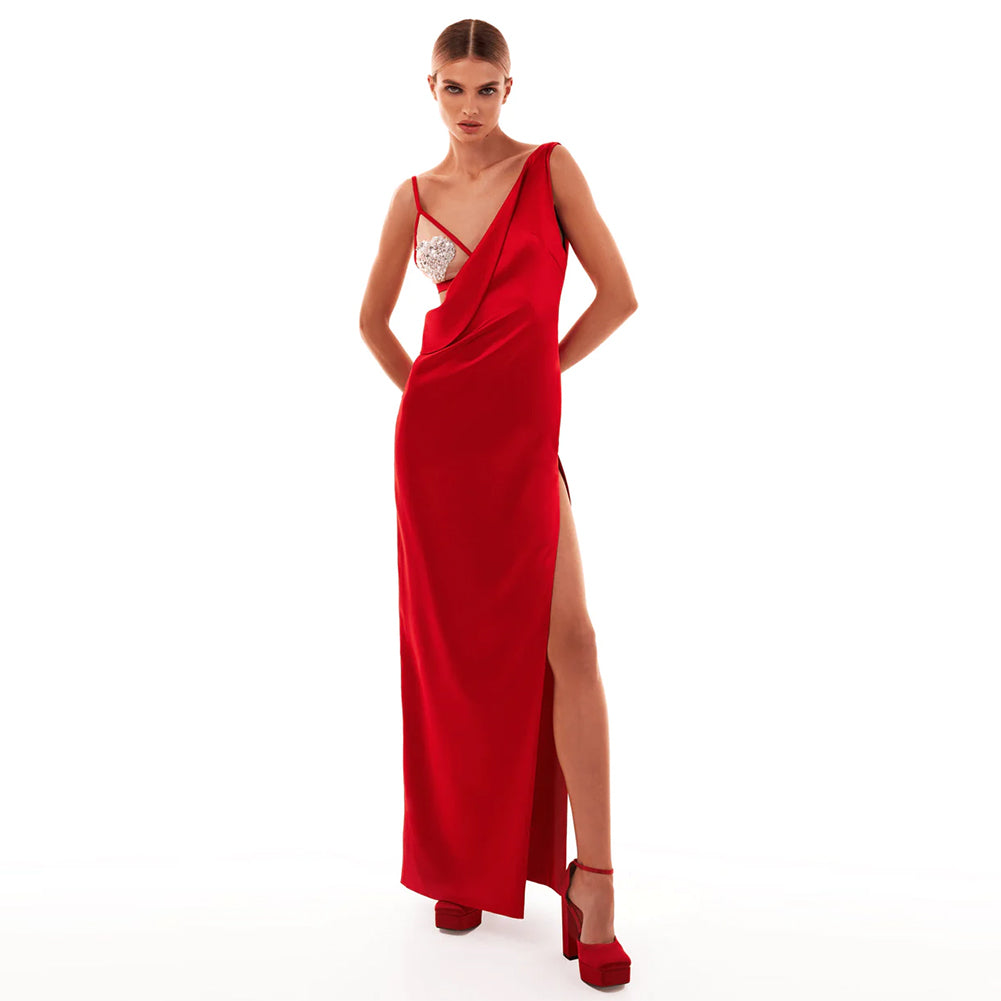 Red High Slit Maxi Dress Set