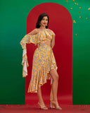 Asymmetric Cutout Ruffle Floral Dress