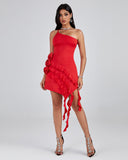 Asymmetric Ruffled 3D Floral Dress